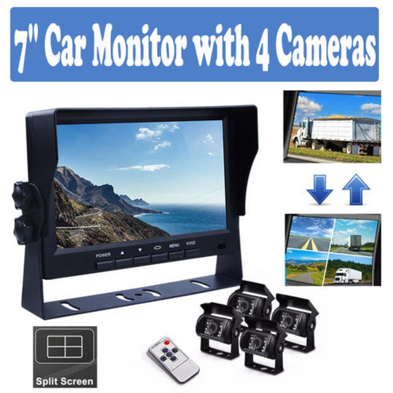 4-Channel Split 7″ Screen Monitor w/4 Reversing Camera Kit for Truck Trailer Bus