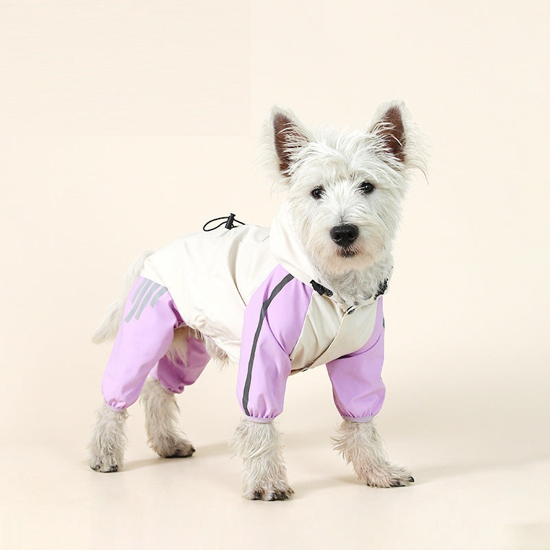 Colorblock (White Purple) Dog Raincoat – Waterproof with Hood and Reflective Strips (Size S)