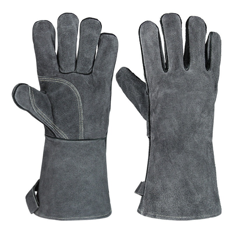 Grey 14-Inch Premium Leather BBQ Gloves – Heat-Resistant Up to 500 Degree