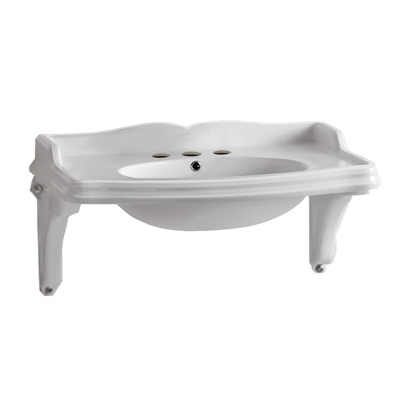 Isabella Collection Large Rectangular Wall Mount Basin with Integrated Oval Bowl, Widespread Faucet Drilling and Ceramic Shelf Supports