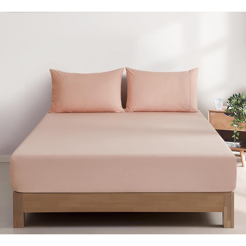 100% Vintage Washed Cotton Fitted Sheet Combo Set  100% Natural Cotton, Ultra Soft & Breathable  Includes Fitted Sheet & Pillowcases  Machine Washable (Pink, Single)