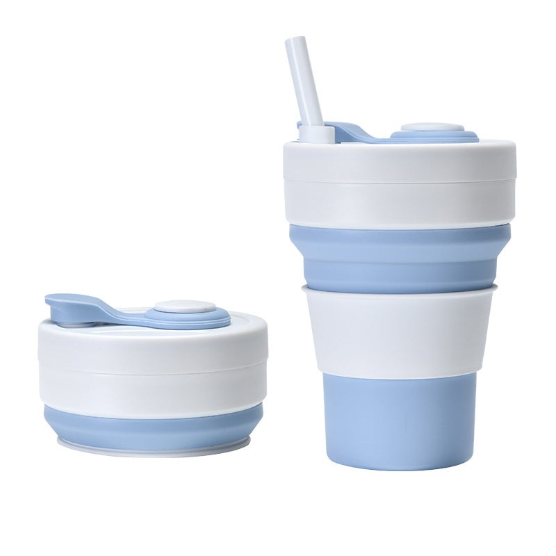 2 Pcs White and Blue 350ml Collapsible Silicone Travel Cup – Portable, Leak-Proof & Food-Grade Drinking Mug with Lid, Insulating Sleeve & Straw