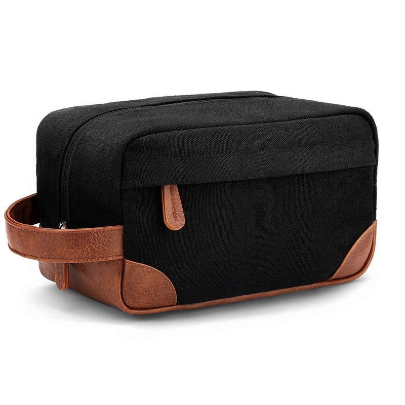 Black And Brown Men’s Canvas Toiletry Bag – Large Capacity Water-Resistant Travel Organizer Dopp Kit with Handle