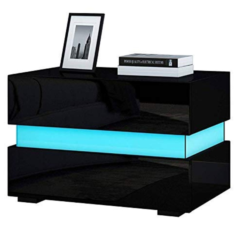 EBTOOLS Comodino Nero Lucido con LED Striscia, Comodino con 2 Spaziosi Cassetti Comodino Legno Comodino Letto Moderno con LED Blu e Telecomando, Tavolino da Caff con LED, 60 x 39 x 45cm (Nero)