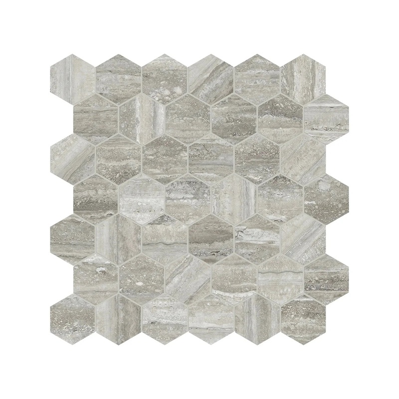 La Marca 2 Inch Hexagon Traventino Honed Porcelain Mosaics. 1 Sheet = .96 Sq. Ft. Travertino Instrata 2″