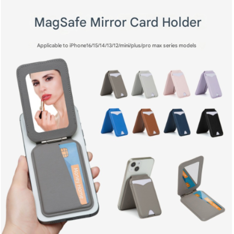Grey Chic MagSafe Wallet with Mirror & Stand – PU Leather Card Holder for iPhone 12-16 Series