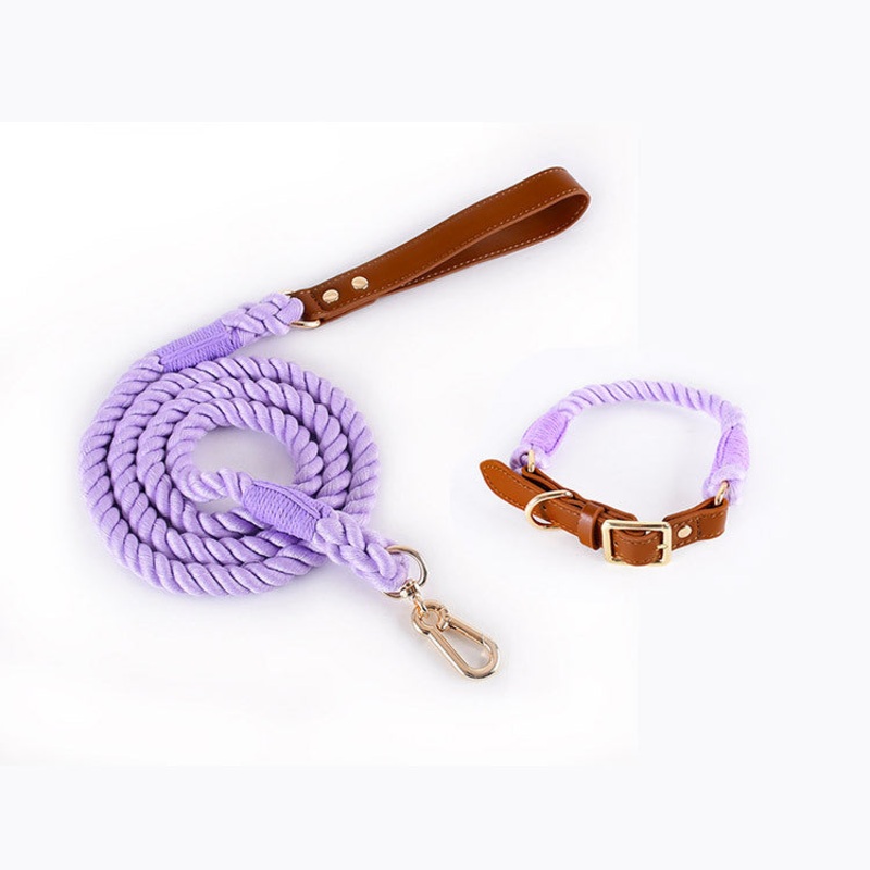 Premium Leather Pet Collar and Leash – Soft, Strong Braided Rope (Purple – Size S)