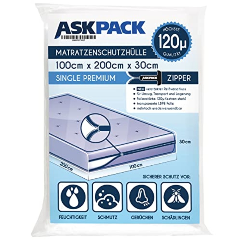 ASK Pack Premium custodia materasso  7 misure  Cerniera di Ancoraggio  Estremamente resistenti agli strappi  Impermeabili  Ideali per traslochi, stoccaggio e trasporto  Extra Forte 120 -140