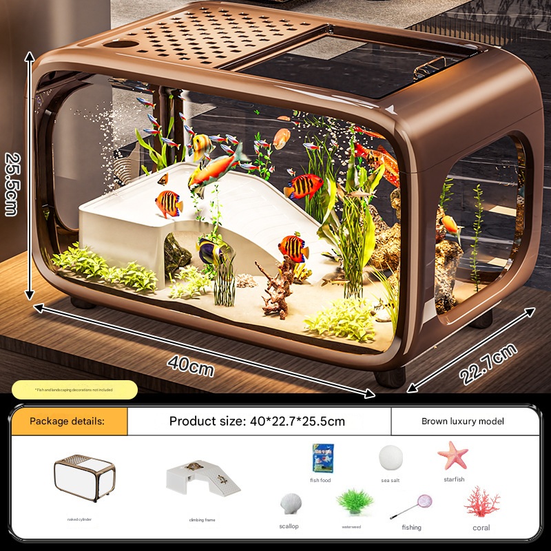 Brown  Modern Desktop Aquarium & Turtle Tank – Panoramic Viewing Fish Tank with Basking Platform & Lid
