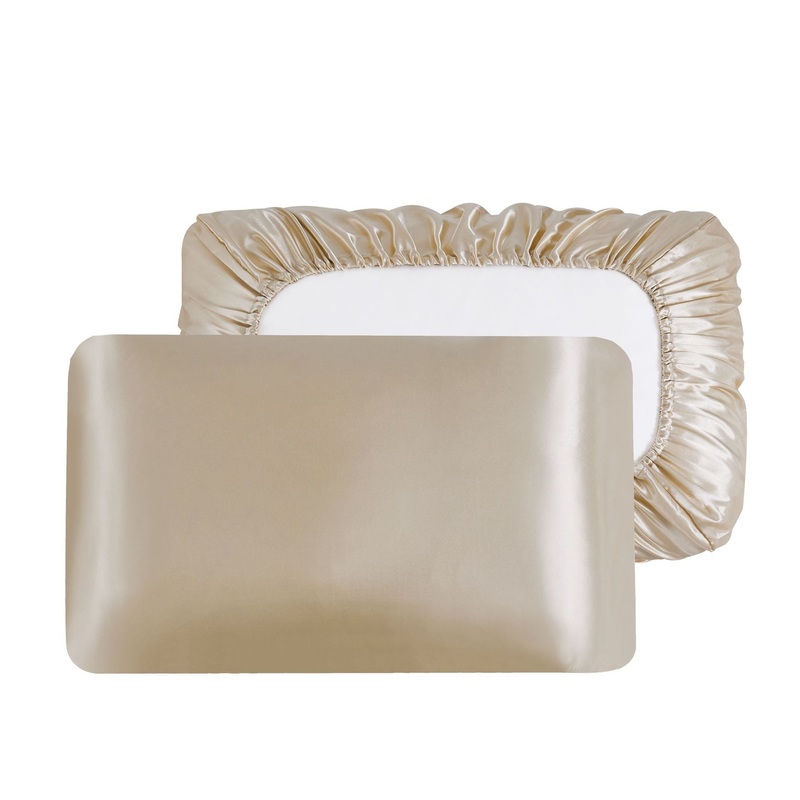 Champagne Silky Satin Pillowcase Pair – Smooth for Hair & Skin, Elastic Fitted (46×70+16cm)