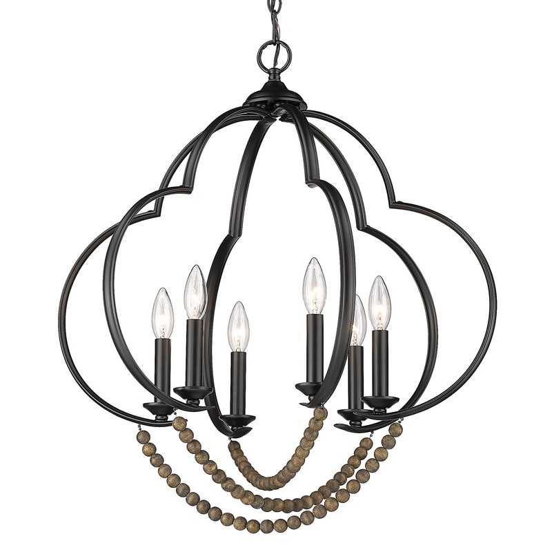 Flori 6 Light Pendant in Matte Black with Espresso Wood Beads