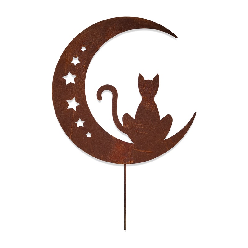 Village Wrought Iron RGS-292 Cat On The Moon With Stars Rusted Garden Stake