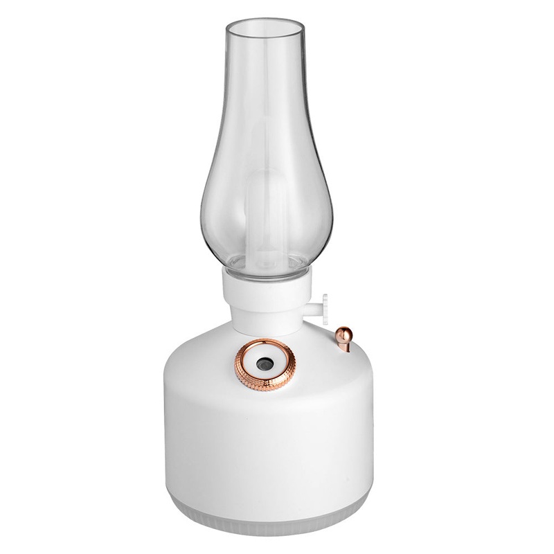 White Retro Kerosene Lamp Humidifier – Rechargeable Cool Mist Maker with Dimmable Light