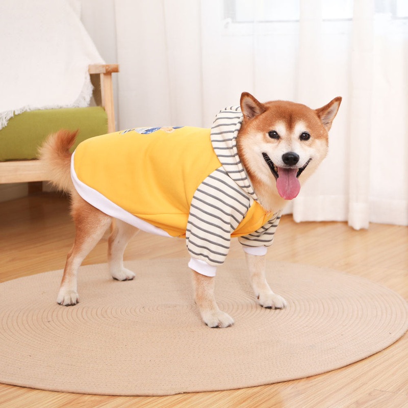 Autumn/Winter Dog Clothes – Yellow Hoodie with Striped Hood & Baseball Bear (Size – 3XL)