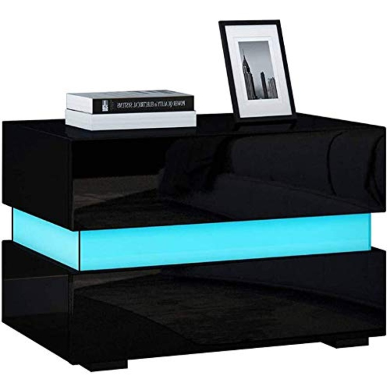 Wakects Comodino, comodino con 2 cassetti e illuminazione a LED, lucido, per soggiorno, camera da letto, corridoio, ufficio (nero)