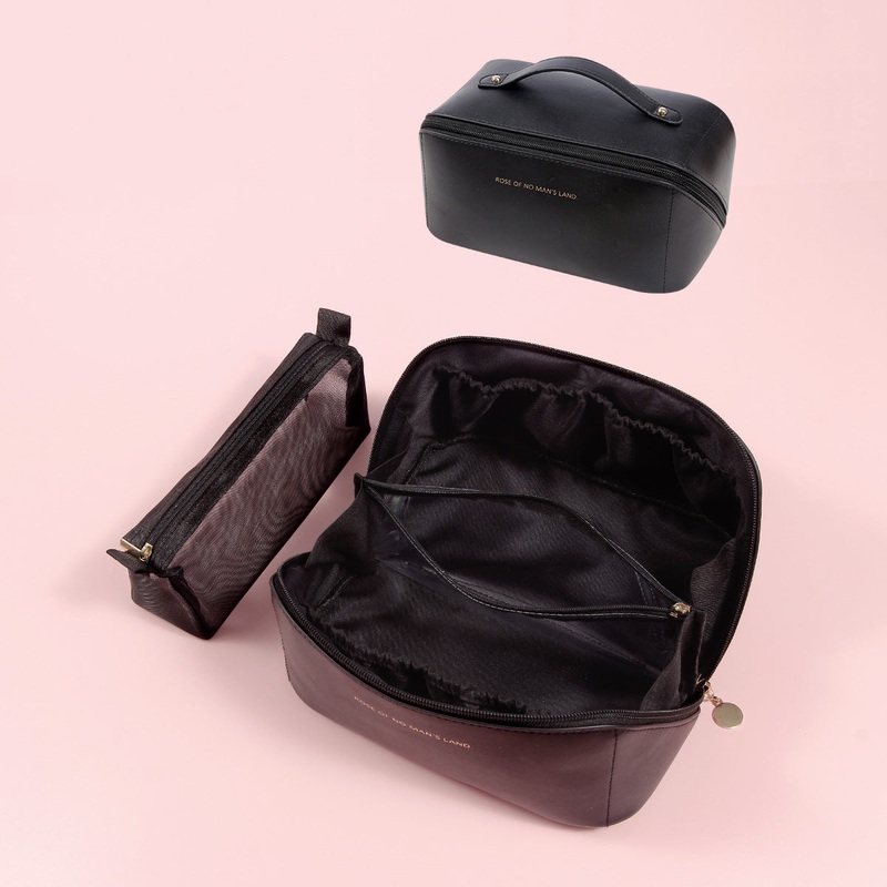 Black Elegant PU Leather Makeup Bag & Toiletry Organizer with Detachable Mesh Pouch – Large Capacity Travel Cosmetic Case