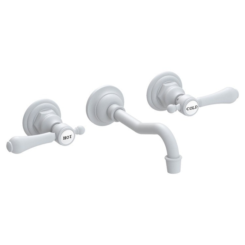 Lavatory Faucet Chesterfield Wall Mount Hot Cold Indicators 8 Inch Spread 2 Lever ADA WaterSense Matte White 1.2 Gallons Per Minute Brass Less Drain Spout Reach 7-1/4 Inch
