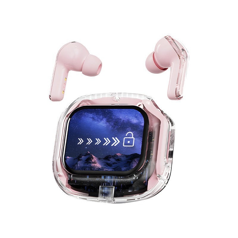 Pink Smart TWS Earbuds with Full-Color LCD Touchscreen Case – Bluetooth 5.4, HiFi Stereo & ENC Noise Cancelling