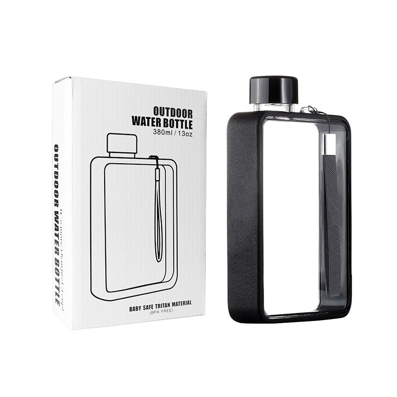 Slim Tritan Flat Water Bottle – 380ml BPA-Free, Leakproof with Leather-Textured Sleeve & Strap(Black)