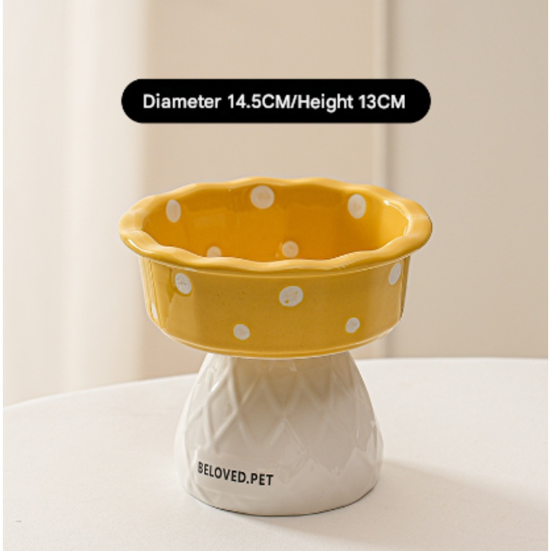Yellow Adorable Mushroom Ceramic Elevated Cat Bowl – Anti-Vomiting & Spine Protecting Pet Feeder with Polka Dots