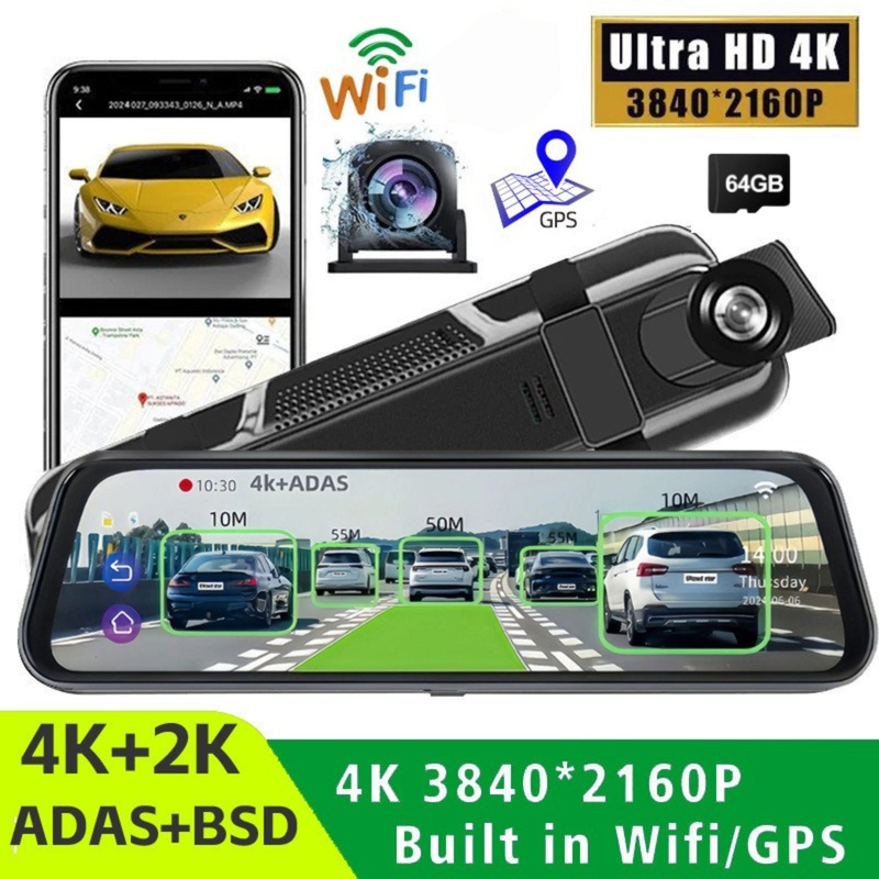 10 4K Mirror Dash Cam, 2K Rear Camera, WiFi GPS ADAS BSD, Stream Media, 64GB Included