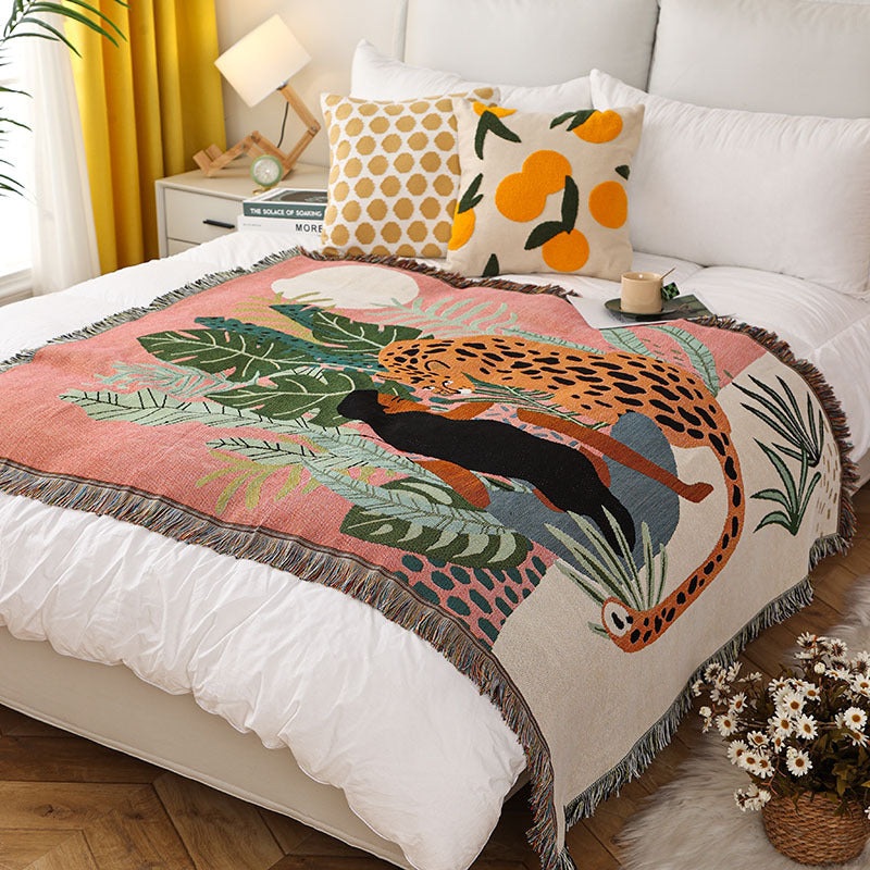 Cheetah Girl INS-Style Illustrated Line Blanket – Multi-Use Design