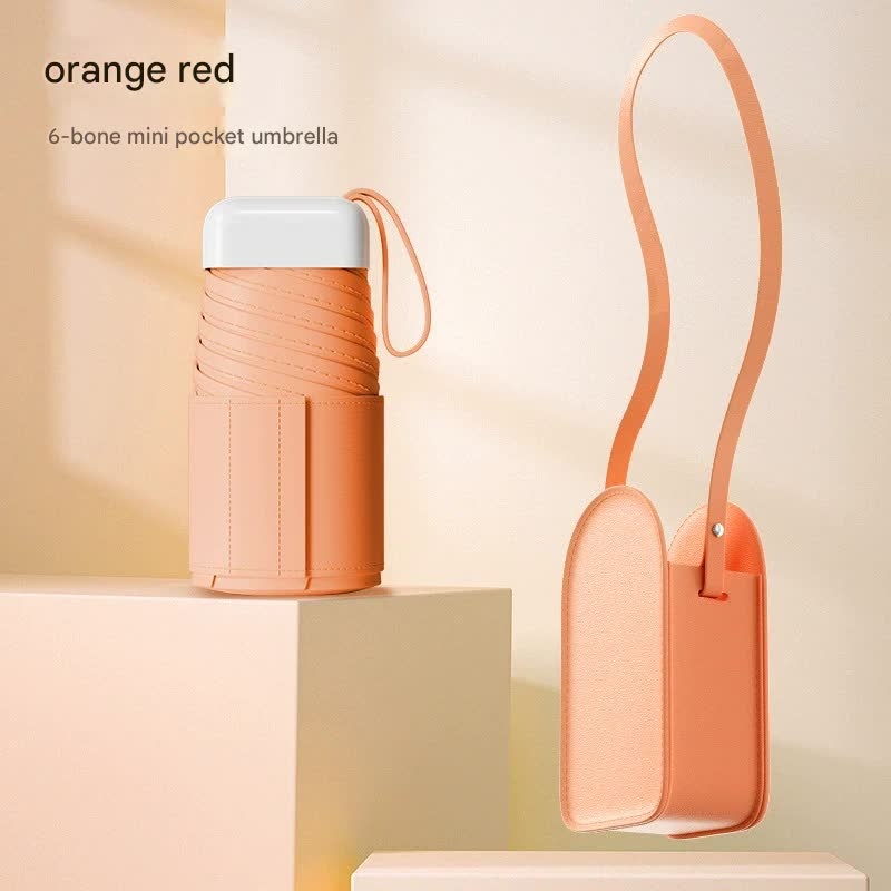 Mini Pocket Umbrella with Matching Crossbody Bag – UV Protection, 6-Rib Windproof Design(Orange)