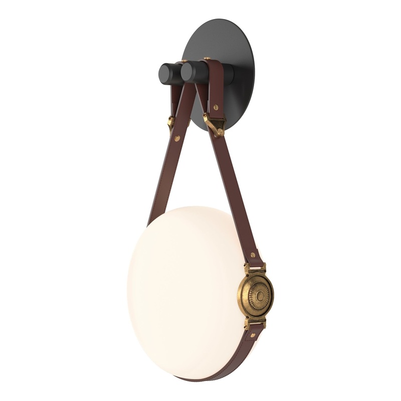 Derby LED Sconce Black Antique Brass with British Brown Leather Non-Branded Plate