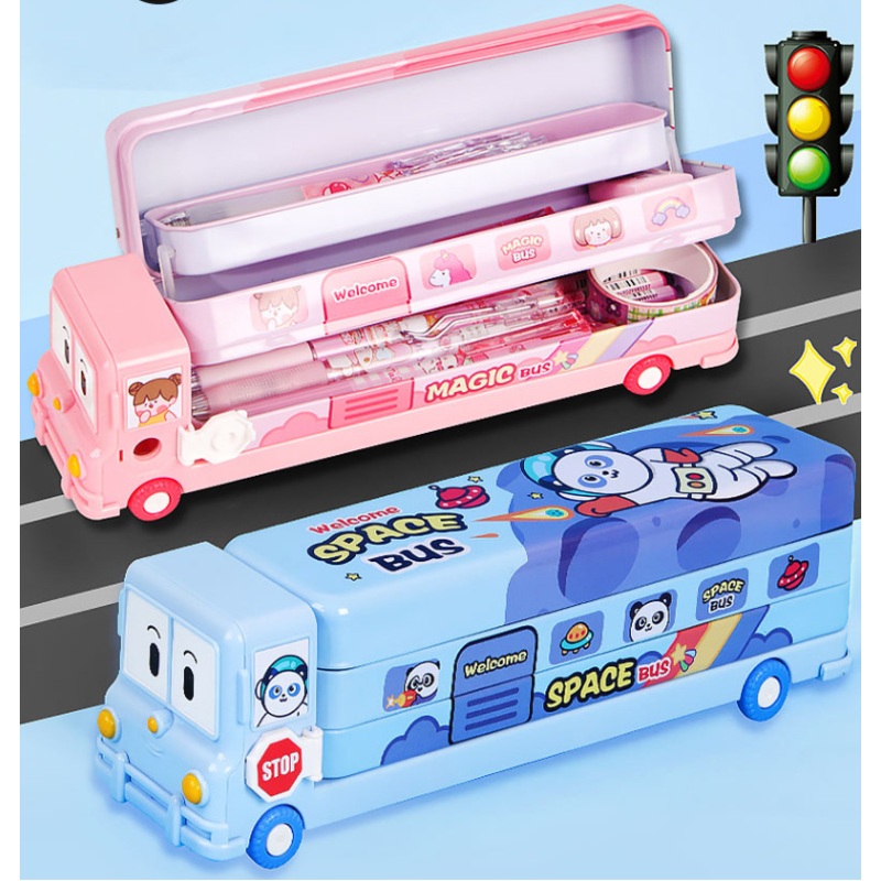 2-pcs (One pink and one blue) Fun School Bus Pencil Box with Built-in Sharpener – 3 Layer Large Capacity Stationery Box for Kids