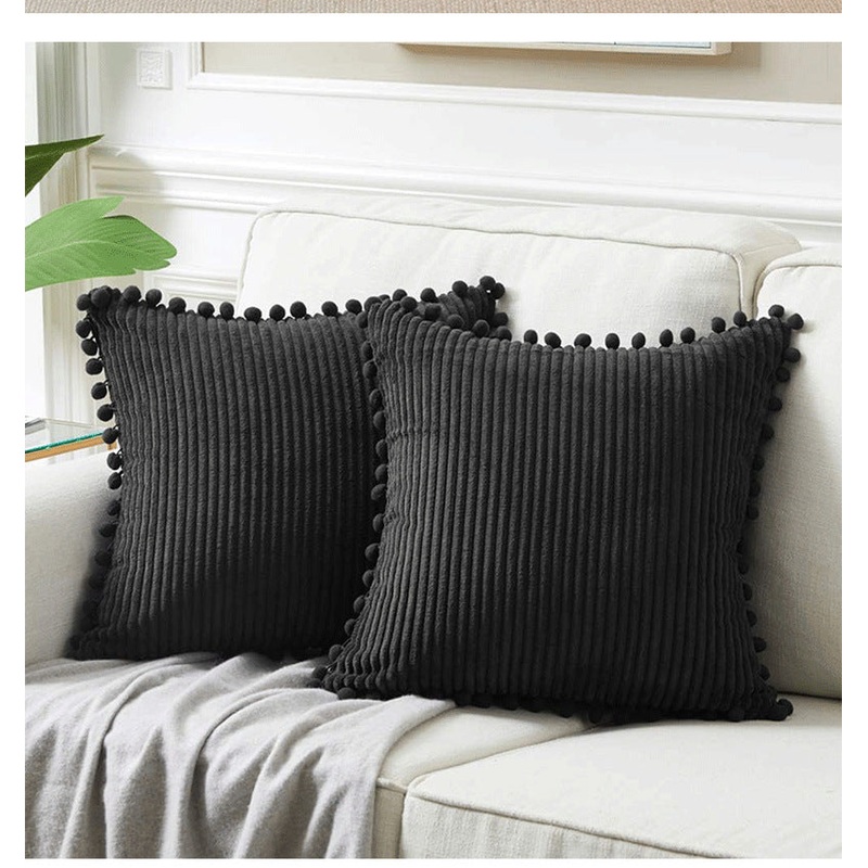 Black Soft Corduroy Cushion Covers with Pom Pom Trim – Set of 2 Decorative Throw Pillow Cases for Sofa Couch Bed, 45x45cm