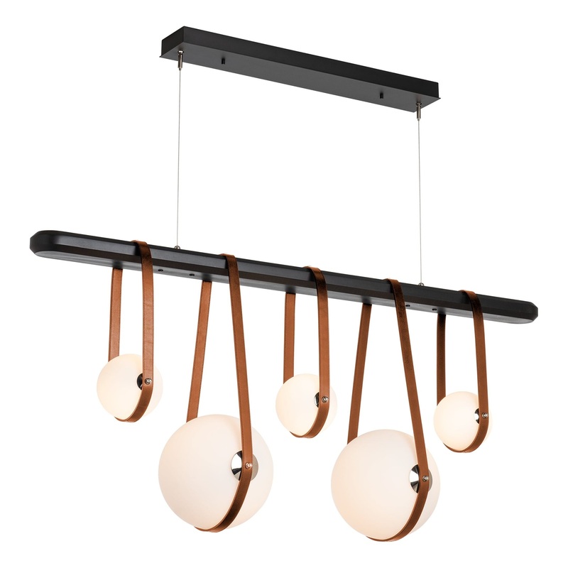 Derby Linear 5-Light LED Pendant Black Polished Nickel with Chestnut Leather Black Wood