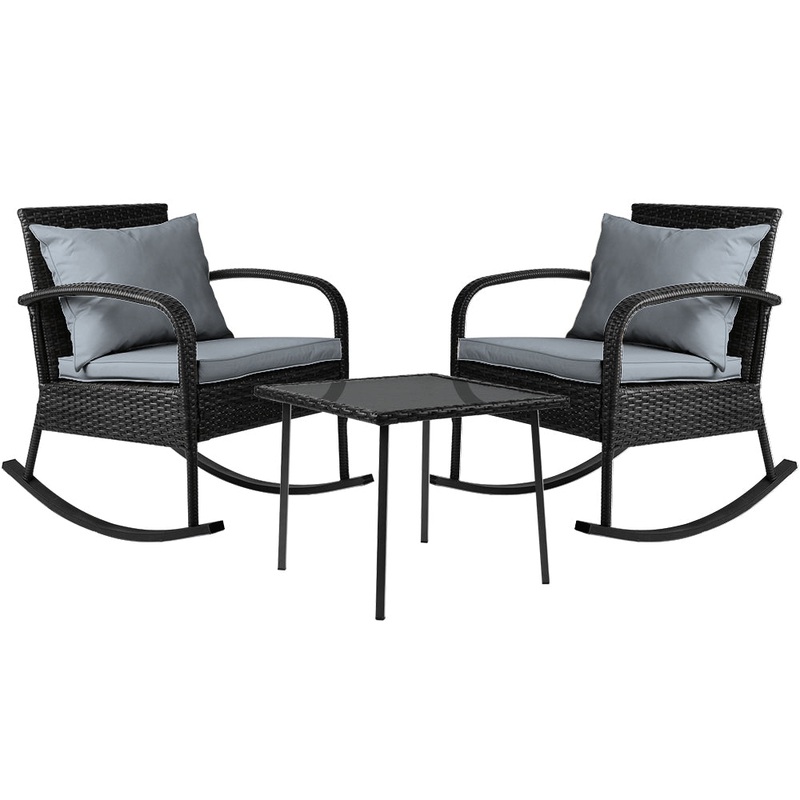 Gardeon 3PC Rocking Chair Table Wicker Outdoor Furniture Patio Bistro Set Black