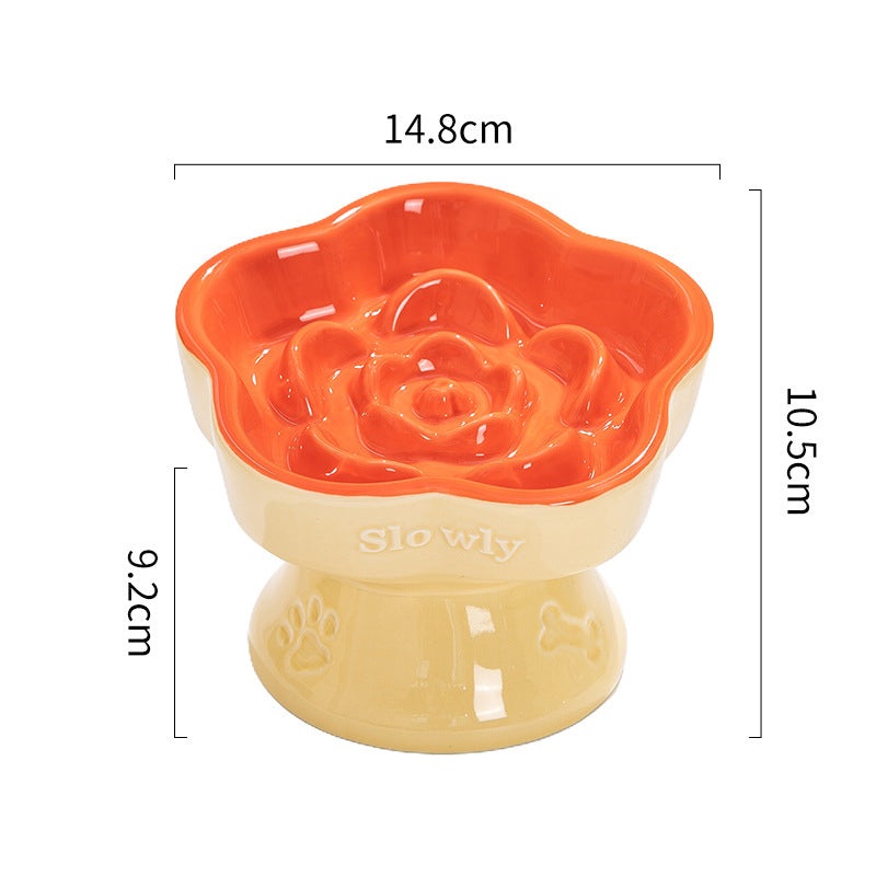 Khaki and Orange Ceramic Slow Feeder Pet Bowl for Cats and Small Dogs – Anti-Choke Elevated Design with 15-Degree Tilted Rim