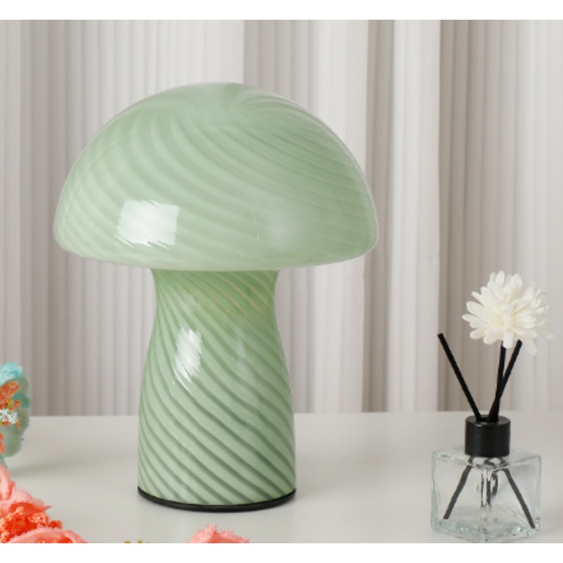 Stripe-Pure Green Retro Swirl Glass Mushroom Table Lamp – LED Bedside Night Light