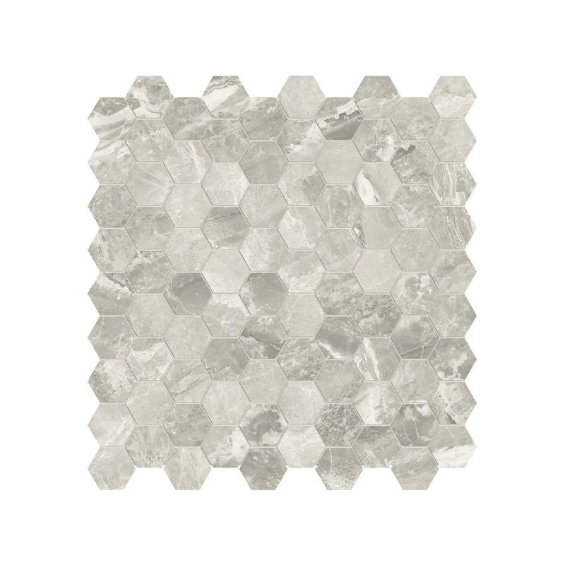 1.25 Inch Mayfair Stella Agento Polished Porcelain Hexagon Mosaics. 1 Sheet = .97 Sq. Ft. Argento 1.25″
