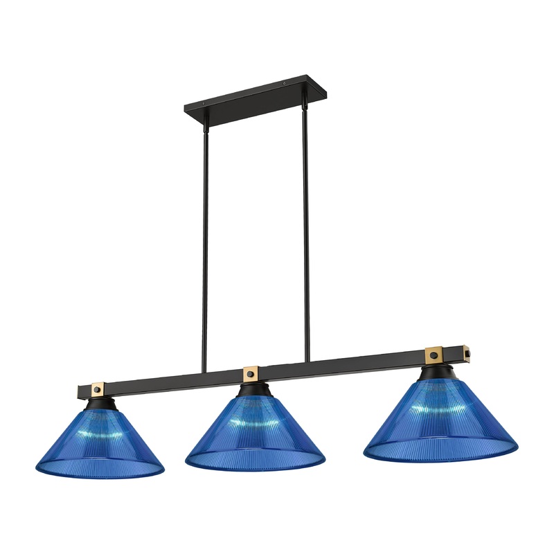Bronte 3-Light Billiard Matte Black + Rubbed Brass Cone Dark Blue Acrylic