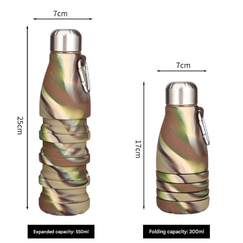 Camouflage Green Collapsible Silicone Water Bottle – Portable Sports Hydration Flask with Carabiner, 550ml/300ml