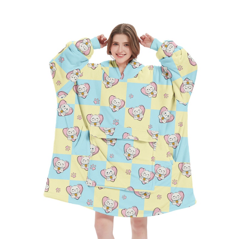 Lovely Cat Pattern Oversized Wearable Blanket Hoodie – Ultra Soft & Cozy Snuggle Pullover for Adults