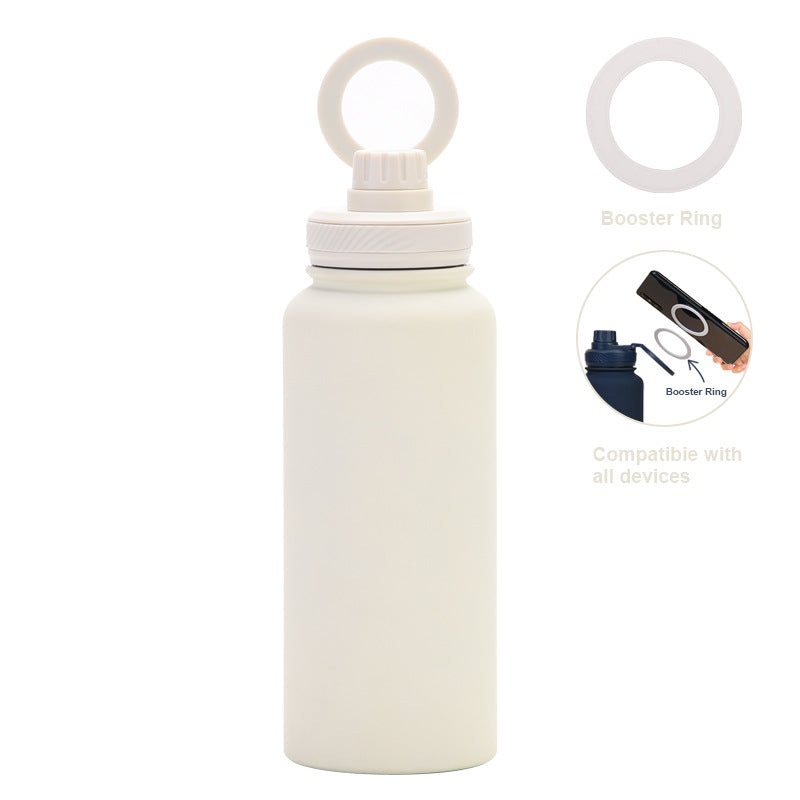 White 1L Stainless Steel Water Bottle with Magnetic Phone Holder Lid – Portable Hydration & Hands-Free Stand