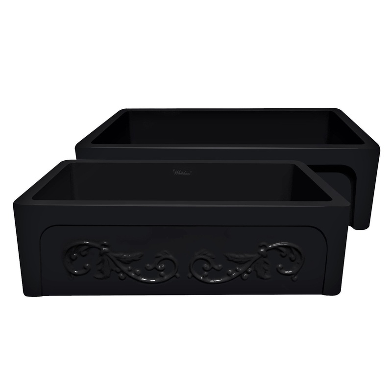Glencove St. Ives 33″ Front Apron Fireclay Sink with an Intricate Vine Design on one side and an Elegant Plain Beveled Front Apron on the Opposite Side