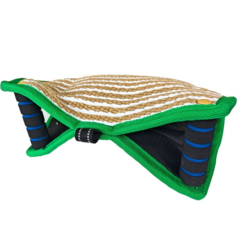 Green and Khaki Heavy Duty Jute Dog Bite Pillow – Professional Training Tug Toy with 3 Handles for Schutzhund, K9, Agility & Bite Work