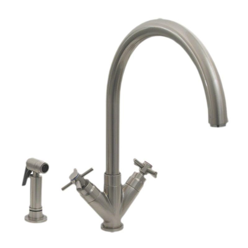 Luxe+ Dual Handle Faucet with Gooseneck Swivel Spout, “V” Cross Style Handles and Solid Brass Side Spray