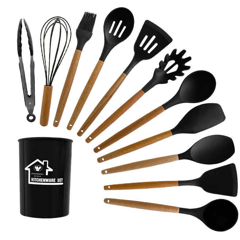 Black 11-Piece Silicone Kitchen Utensil Set with Wooden Handles and Storage Bucket – Heat Resistant and Non-Stick