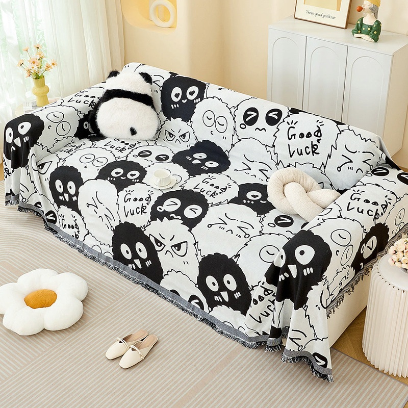 Black and white Ball Pattern Soft Waffle Weave Throw Blanket – Boho Style Cotton Blend Sofa Cover with Fringe 180x340cm