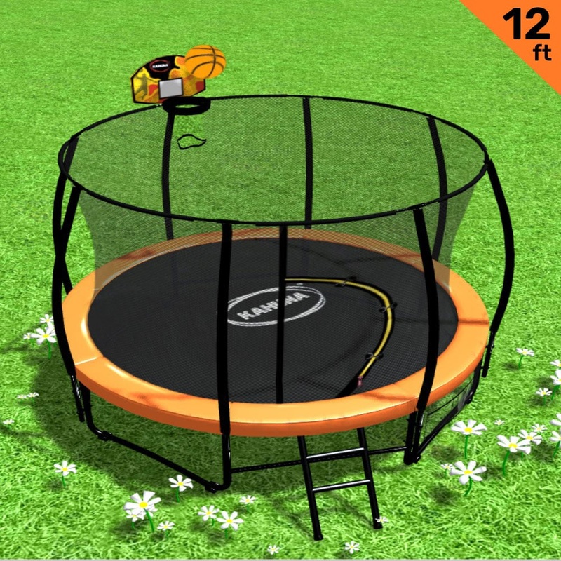 Kahuna 12ft Outdoor Trampoline Kids Children With Safety Enclosure Pad Mat Ladder Basketball Hoop Set – Orange