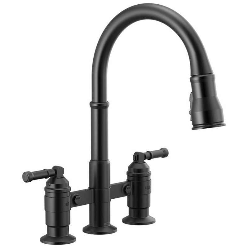Kitchen Faucet Broderick Bridge 8 Inch Spread 2 Lever ADA Matte Black Pull Down 1.8 Gallons per Minute