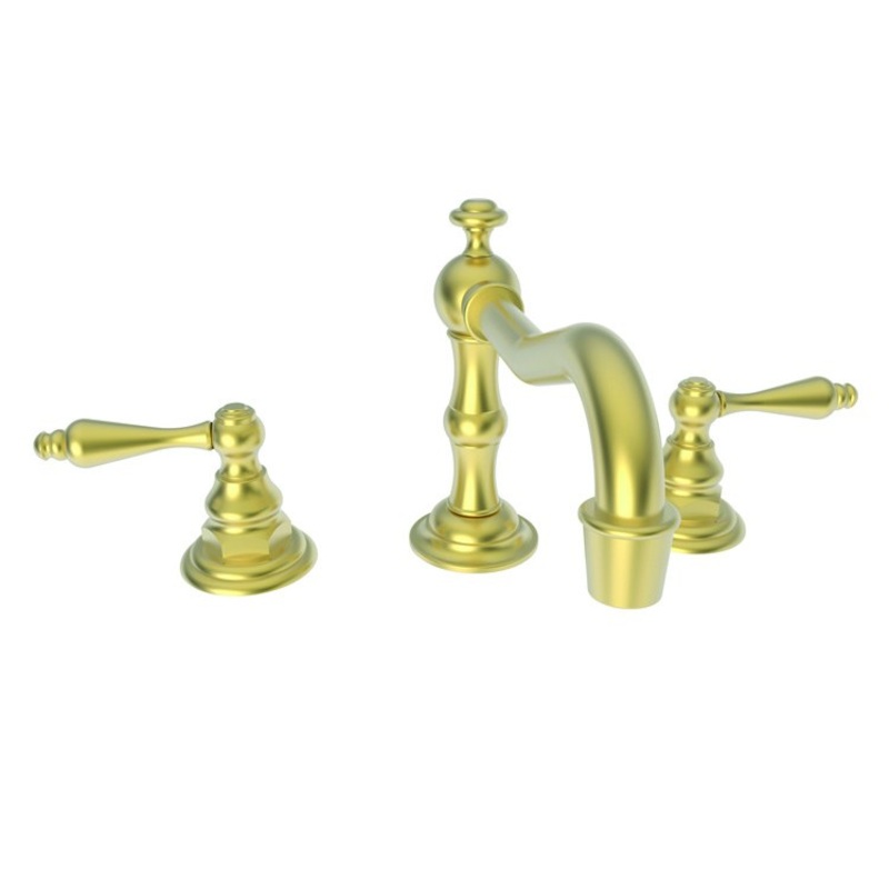 Lavatory Faucet Chesterfield Widespread 8 to 20 Inch Spread 2 Lever ADA Watersense Satin Brass PVD 1.2 Gallons Per Minute Brass Pop-Up with Tailpiece Spout Reach 7 Inch