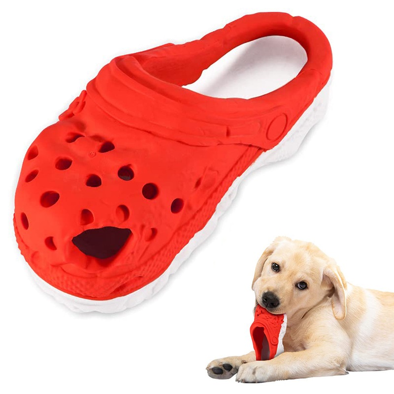 Size L Red Tough Slipper Dog Chew Toy – Natural Rubber Treat Dispenser & Teeth Cleaner for Interactive Play & Boredom Relief