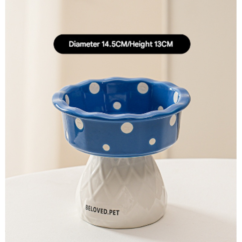 Blue Adorable Mushroom Ceramic Elevated Cat Bowl – Anti-Vomiting & Spine Protecting Pet Feeder with Polka Dots