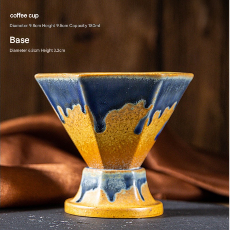 Blue and Gold Artistic Hexagonal Ceramic Coffee Cup & Stand Set – 180ml Nordic Design Drip Glaze Mug